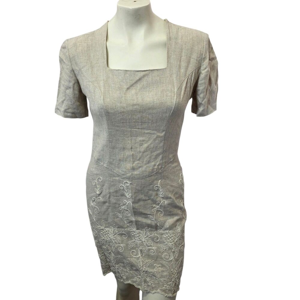 Vintage CK Editions Linen Blend Dress Beige Embroidered Sheath Mini 3